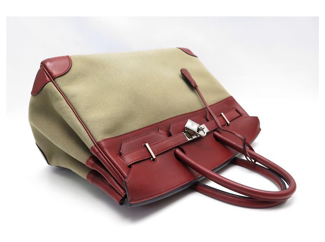 Hermès SAC A MAIN HERMES BIRKIN 35 TOILE BEIGE ET CUIR SWIFT ROUGE 2007 HAND BAG PURSE - vue 4