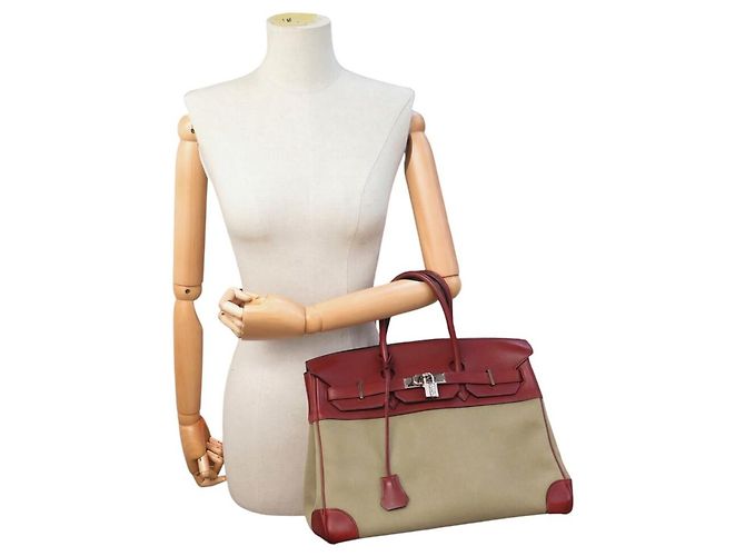 Hermès SAC A MAIN HERMES BIRKIN 35 TOILE BEIGE ET CUIR SWIFT ROUGE 2007 HAND BAG PURSE - vue 5