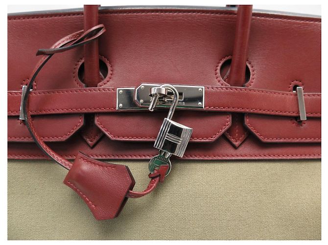 Hermès SAC A MAIN HERMES BIRKIN 35 TOILE BEIGE ET CUIR SWIFT ROUGE 2007 HAND BAG PURSE - vue 8