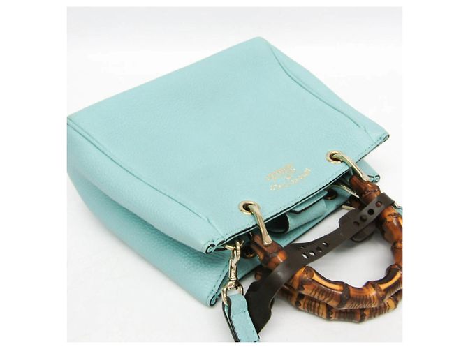 Borsa Shopper Mini in Pelle Gucci Bamboo Blu - vista 6