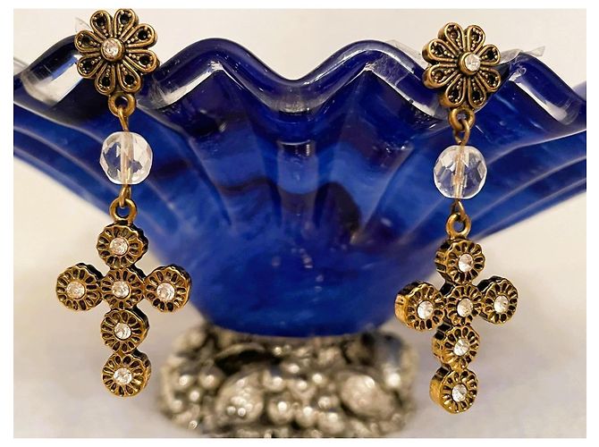 Magnifici orecchini DOLCE & GABBANA dorati con croce barocca e swarovski - vista 12