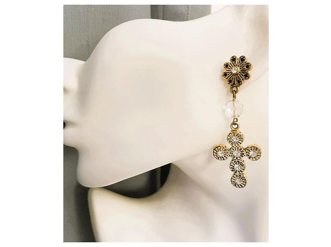 Magnifici orecchini DOLCE & GABBANA dorati con croce barocca e swarovski - vista 2