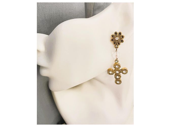 Magnifici orecchini DOLCE & GABBANA dorati con croce barocca e swarovski - vista 4