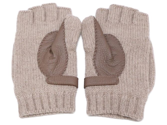 Hermès Lionel Kaschmir Strickhandschuhe aus Hirschleder Beige - Ansicht 5