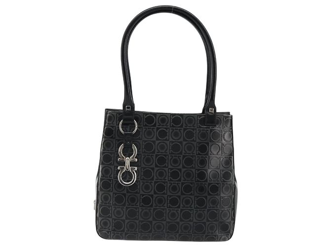 Borsa Tote Gancini in pelle nera e argento di Salvatore Ferragamo Auth 176582 Nero - vista 13