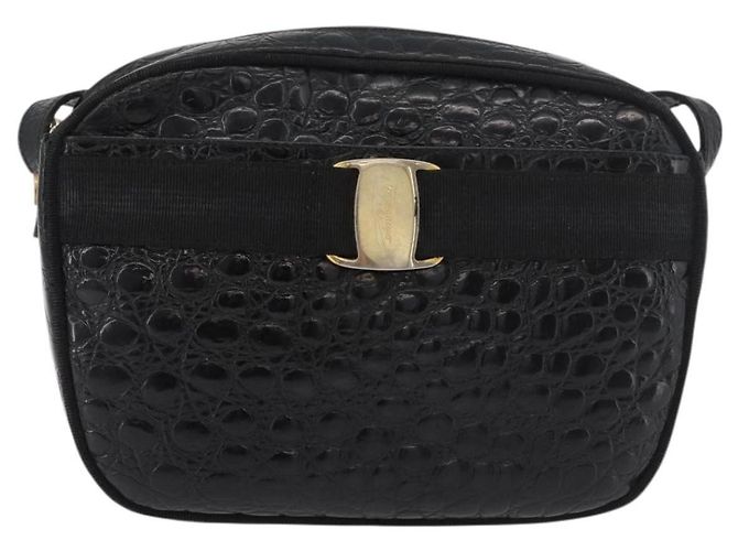 Bolso de Hombro Vala de Cuero Negro y Dorado Salvatore Ferragamo Auth ka4001 - vista 13