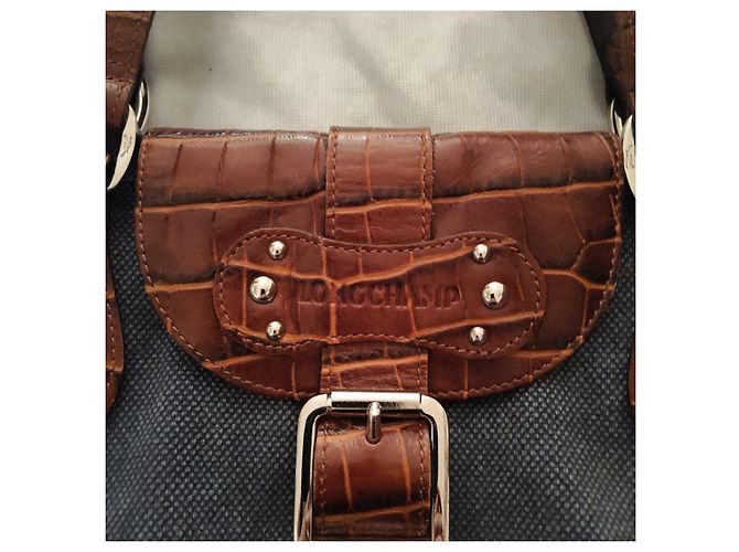 Borsa Longchamp in tela e pelle Marrone Blu - vista 3