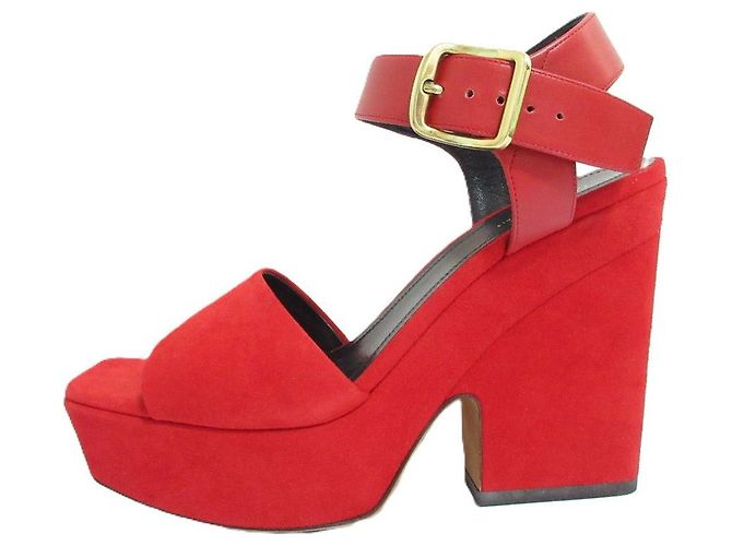 Céline Sandali con tacco spesso in suede Celine Rosso - vista 2