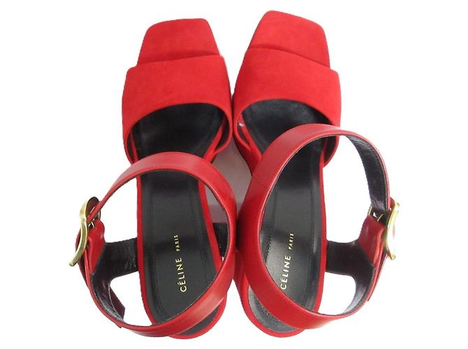 Céline Sandali con tacco spesso in suede Celine Rosso - vista 4