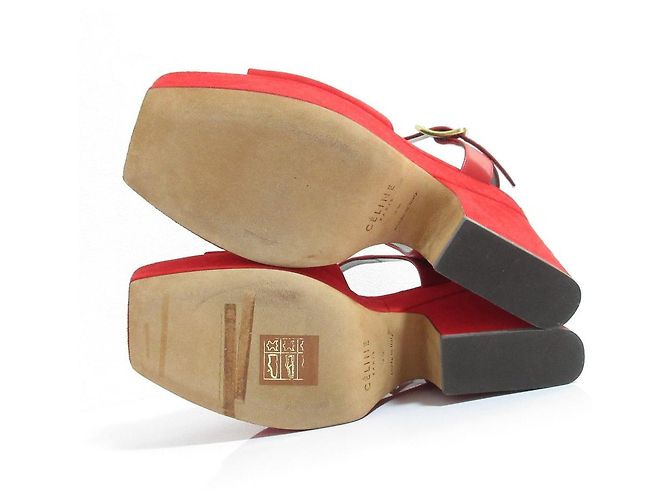 Céline Sandali con tacco spesso in suede Celine Rosso - vista 7