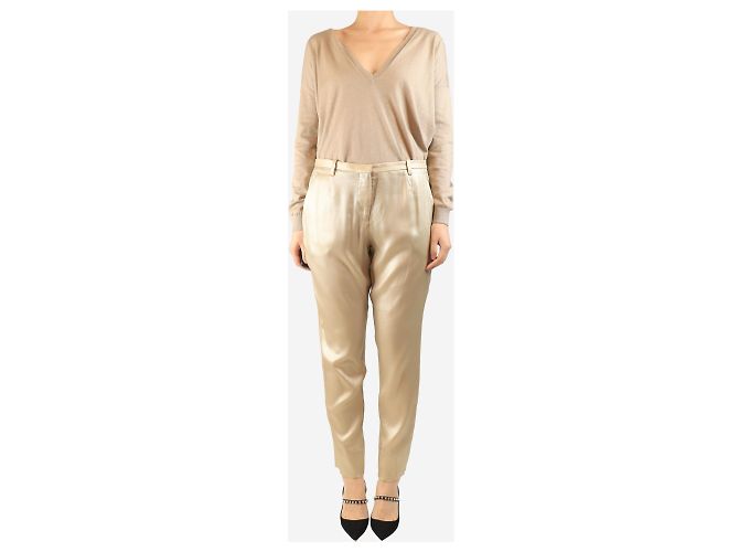 Brunello Cucinelli Pantalones de seda neutros - talla UK 12 - vista 2