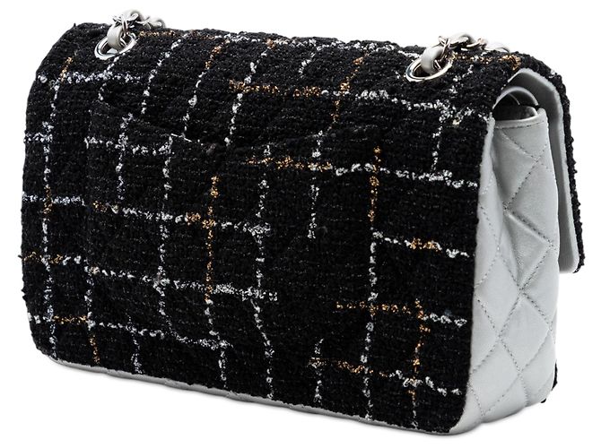 Chanel Nero Medio Classico Trapuntato in Tweed e Agnello Metallico Doppio Flap - vista 2