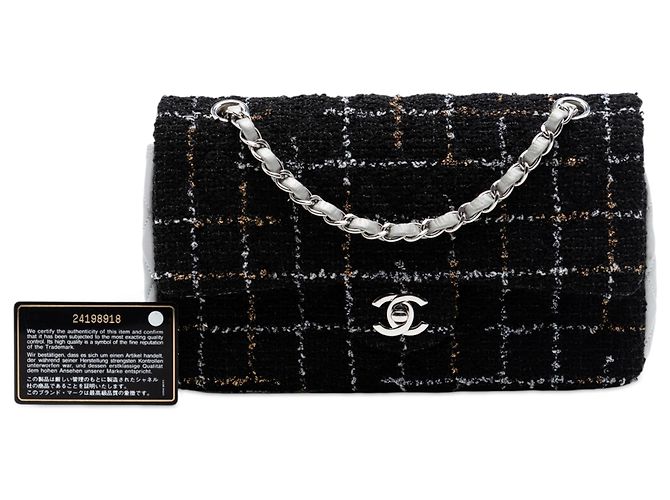 Chanel Nero Medio Classico Trapuntato in Tweed e Agnello Metallico Doppio Flap - vista 9