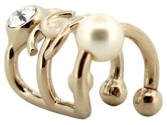 NUOVO 1 ORECCHINO CHANEL EAR CUFF LOGO CC PERLA STRASS IN METALLO DORATO D'oro - vista 3