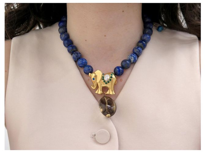 COLLANA PHILIPPE FERRANDIS PENDENTE ELEFANTE PERLE LAPIS LAZULI Blu - vista 7