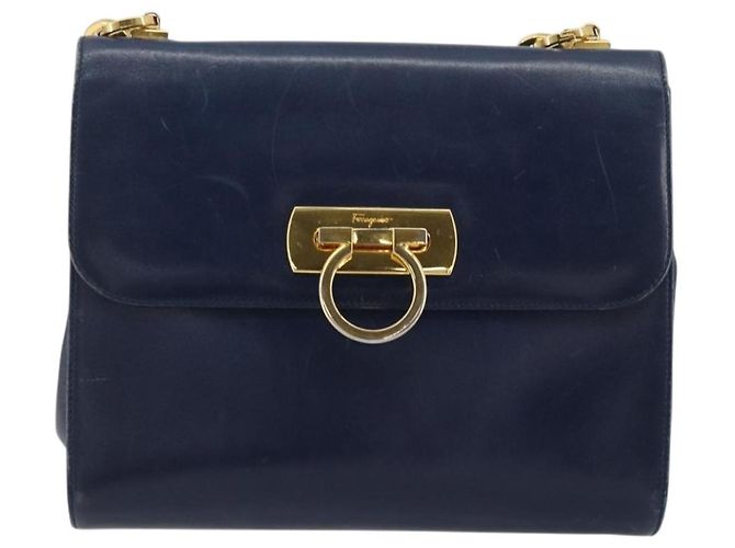 Borsa a Spalla Gancini in Pelle Salvatore Ferragamo Blu Navy Oro Auth YKZ1104 - vista 13