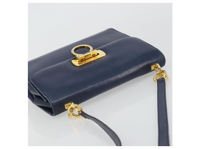 Borsa a Spalla Gancini in Pelle Salvatore Ferragamo Blu Navy Oro Auth YKZ1104 - vista 6
