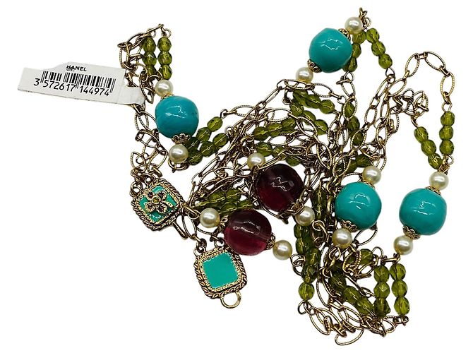Collana lunga in oro decorata con turchese, perle, ametista e pietre verdi Chanel 2005 Multicolore - vista 7