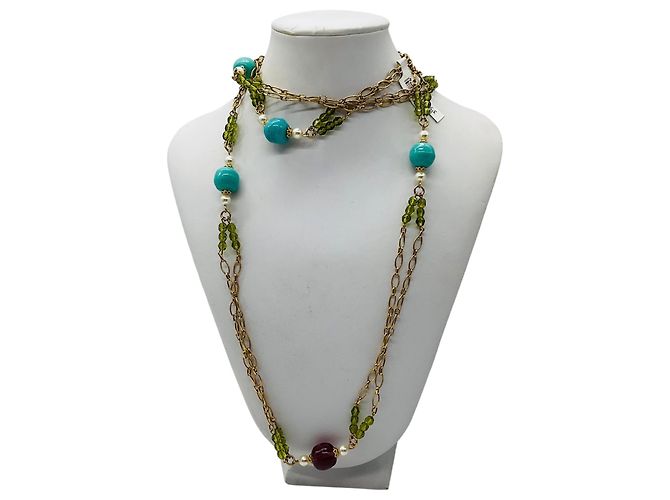 Collana lunga in oro decorata con turchese, perle, ametista e pietre verdi Chanel 2005 Multicolore - vista 8