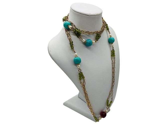 Collana lunga in oro decorata con turchese, perle, ametista e pietre verdi Chanel 2005 Multicolore - vista 9