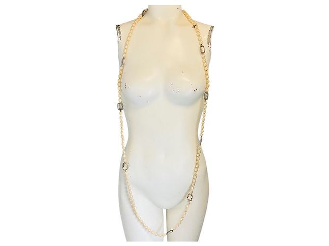 Collana Sautoir Lunga in Perle e Cristalli Jumbo Trasparenti Chanel Vintage 1981 Beige - vista 10