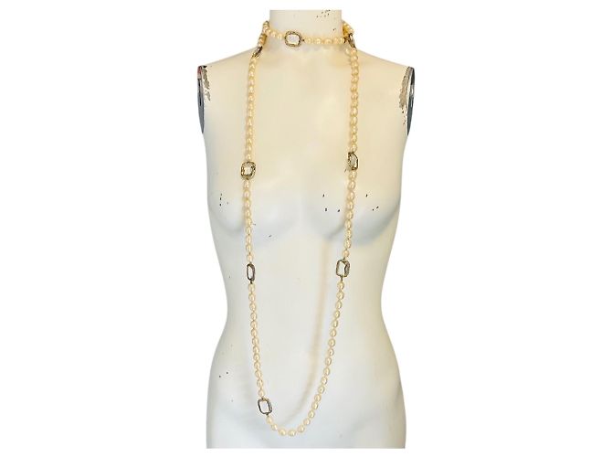 Collana Sautoir Lunga in Perle e Cristalli Jumbo Trasparenti Chanel Vintage 1981 Beige - vista 11