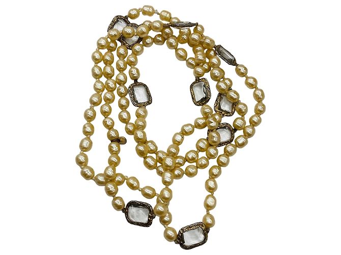 Collana Sautoir Lunga in Perle e Cristalli Jumbo Trasparenti Chanel Vintage 1981 Beige - vista 3