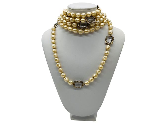 Collana Sautoir Lunga in Perle e Cristalli Jumbo Trasparenti Chanel Vintage 1981 Beige - vista 5