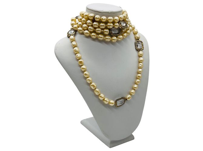 Collana Sautoir Lunga in Perle e Cristalli Jumbo Trasparenti Chanel Vintage 1981 Beige - vista 6