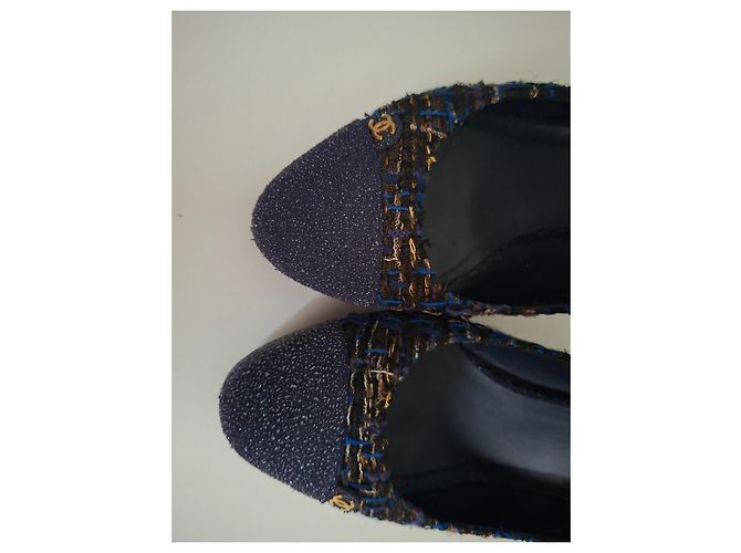 Décolleté Slingback Chanel in Glitter e Tweed Blu Navy 40 Multicolore - vista 10