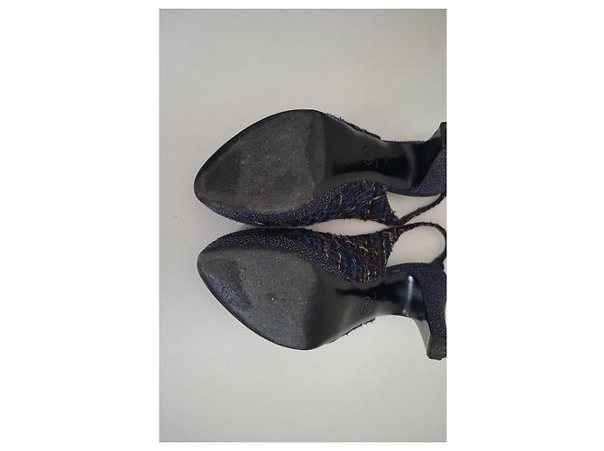 Décolleté Slingback Chanel in Glitter e Tweed Blu Navy 40 Multicolore - vista 11