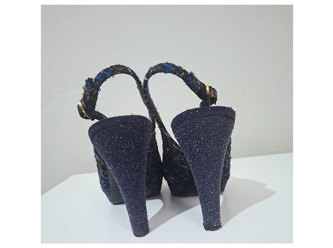 Décolleté Slingback Chanel in Glitter e Tweed Blu Navy 40 Multicolore - vista 13