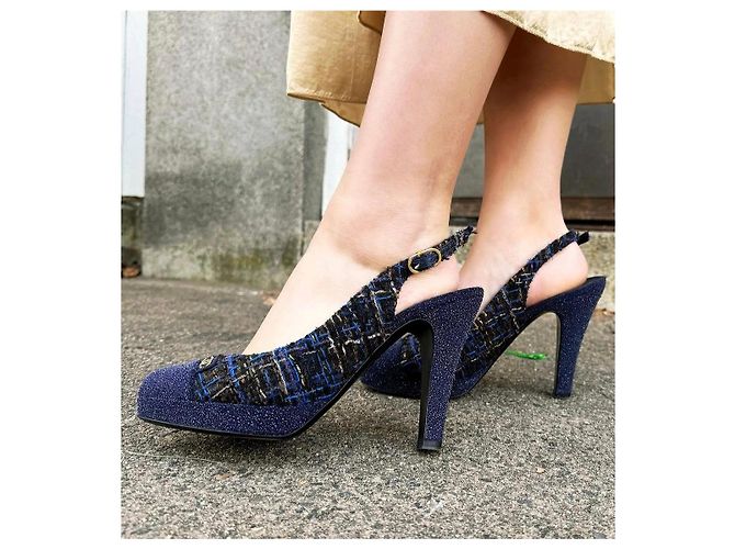 Décolleté Slingback Chanel in Glitter e Tweed Blu Navy 40 Multicolore - vista 14