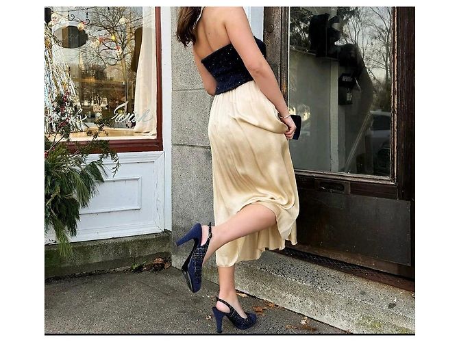 Décolleté Slingback Chanel in Glitter e Tweed Blu Navy 40 Multicolore - vista 15