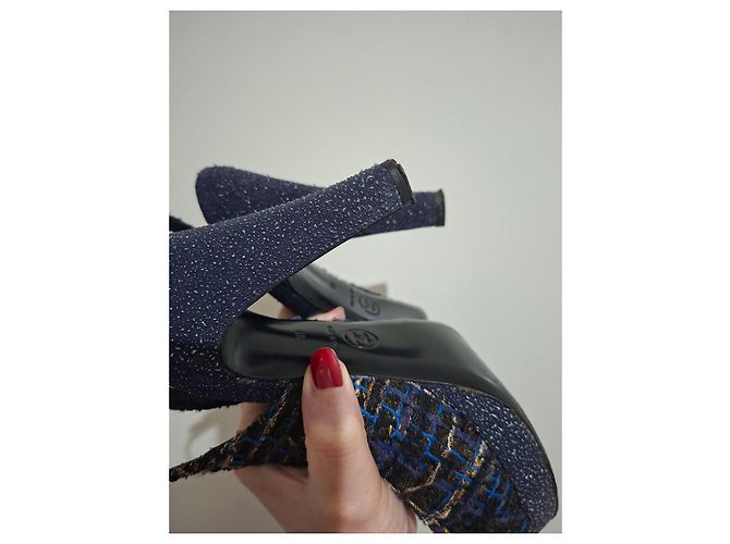 Décolleté Slingback Chanel in Glitter e Tweed Blu Navy 40 Multicolore - vista 20