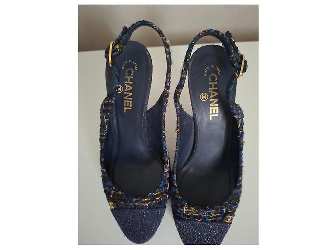 Décolleté Slingback Chanel in Glitter e Tweed Blu Navy 40 Multicolore - vista 6