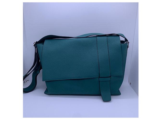 Borsa postina Hermès Alfred in pelle blu pavone Verde - vista 2