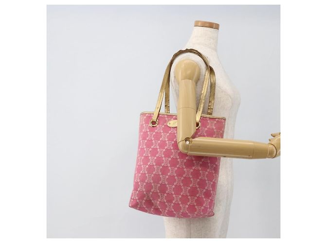 Céline Borsa tote in tela Macadam CELINE Paris in denim rosa e oro Auth 175602 D'oro - vista 22