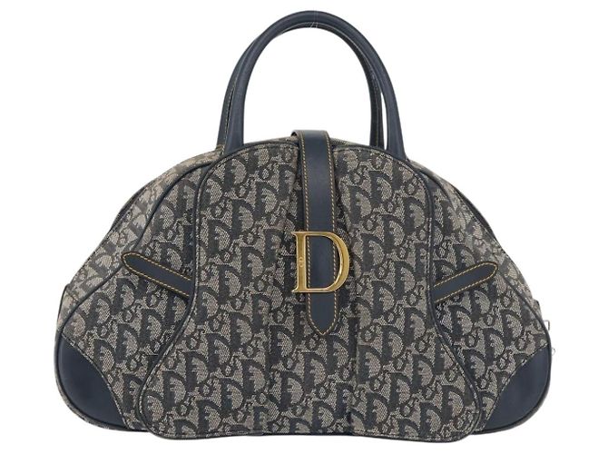 Christian Dior Trotter Canvas Saddle Hand Bag Navy Gold Auth 175481A Golden Navy blue - view 13