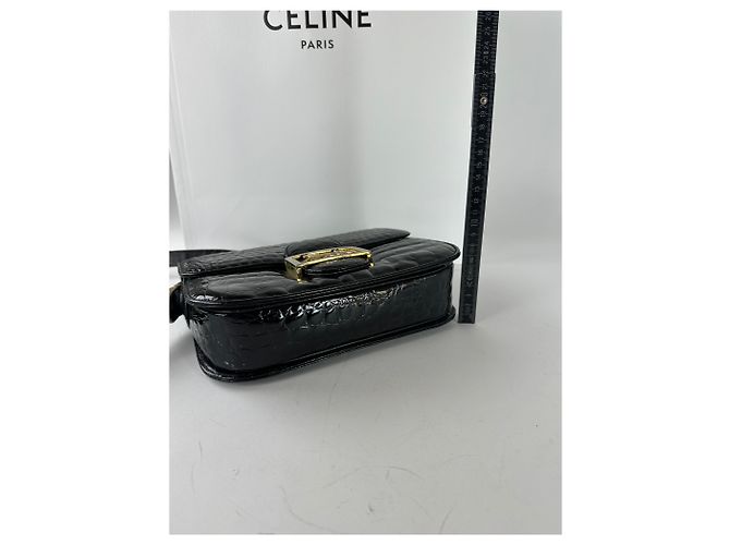 Céline Vintage Celine Schultertasche aus Leder mit Krokodilprägung schwarz - Ansicht 10