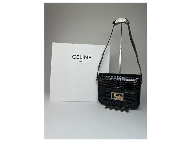 Céline Vintage Celine Schultertasche aus Leder mit Krokodilprägung schwarz - Ansicht 2