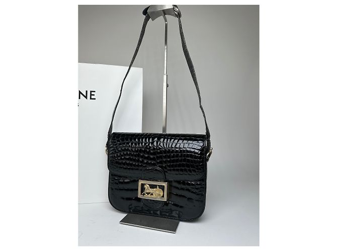 Céline Vintage Celine Schultertasche aus Leder mit Krokodilprägung schwarz - Ansicht 3
