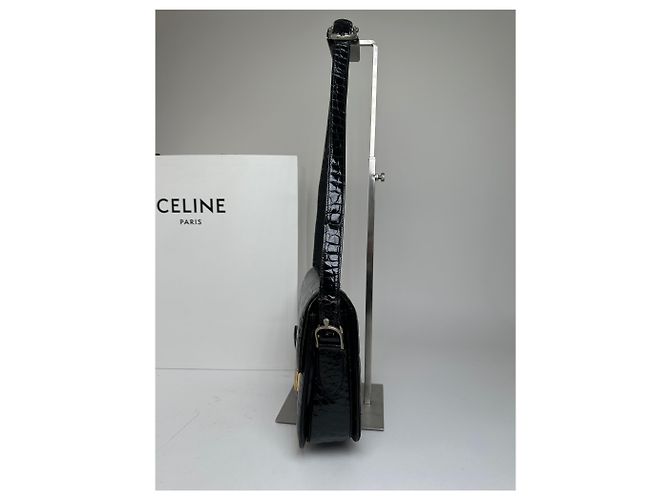 Céline Vintage Celine Schultertasche aus Leder mit Krokodilprägung schwarz - Ansicht 4
