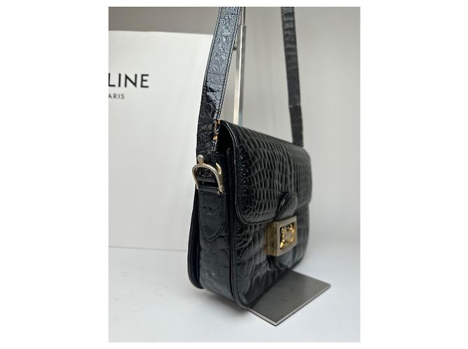 Céline Vintage Celine Schultertasche aus Leder mit Krokodilprägung schwarz - Ansicht 5
