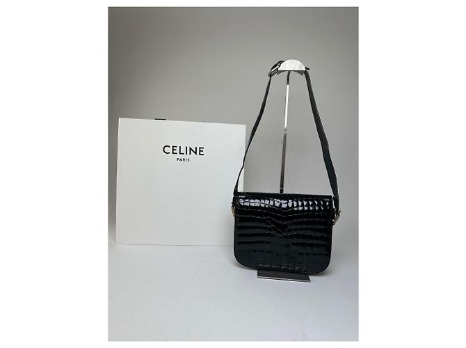Céline Vintage Celine Schultertasche aus Leder mit Krokodilprägung schwarz - Ansicht 6