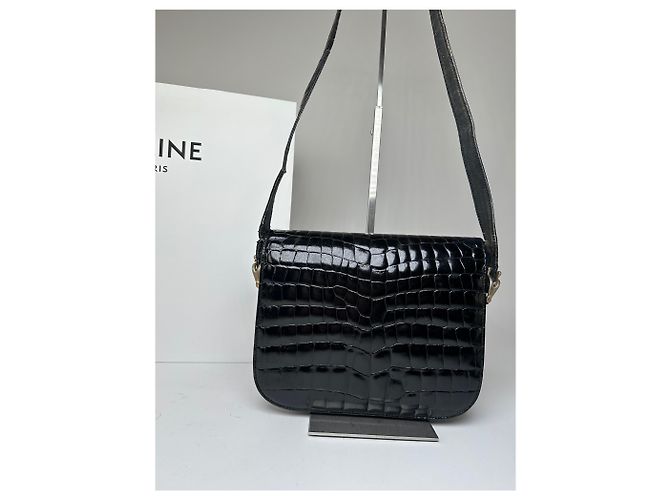 Céline Vintage Celine Schultertasche aus Leder mit Krokodilprägung schwarz - Ansicht 7