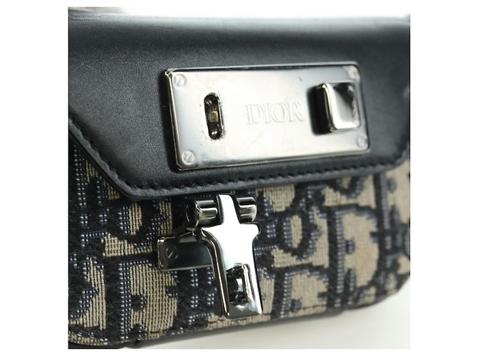 Borsa a Spalla in Tela Trotter Dior Lock Christian Dior Navy Argento Auth 175822M - vista 9