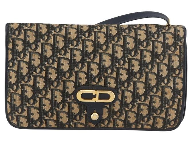 Borsa a Spalla in Tela Trotter Christian Dior Blu Navy Oro Auth 176478 D'oro - vista 13