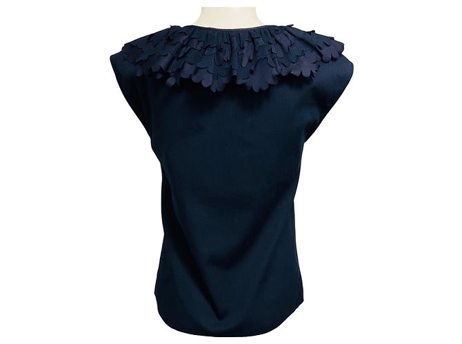 Top de algodón azul marino con cuello de volantes Chanel - vista 3