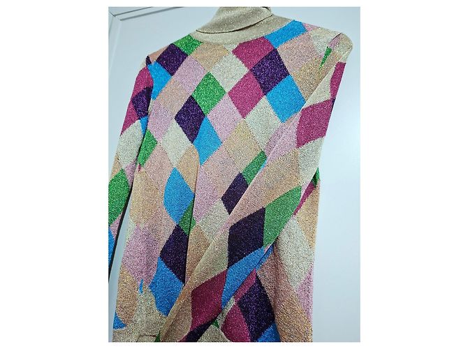 Miu Miu Bunt gemusterter Rautenmuster-Pullover mit hohem Kragen Mehrfarben Golden - Ansicht 4